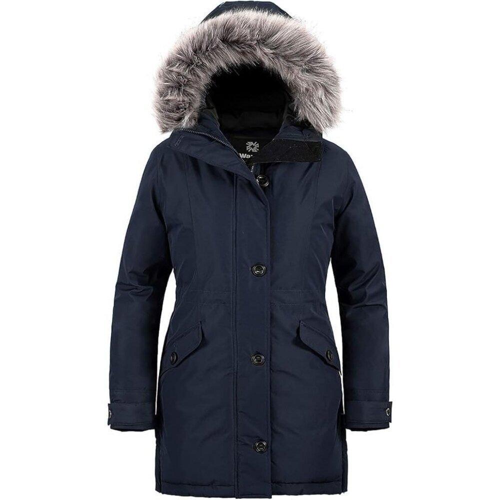 Women's Fashion Faux Navy Blue Puffer Jacket Hood Coat Winter Warm Duty Zipper